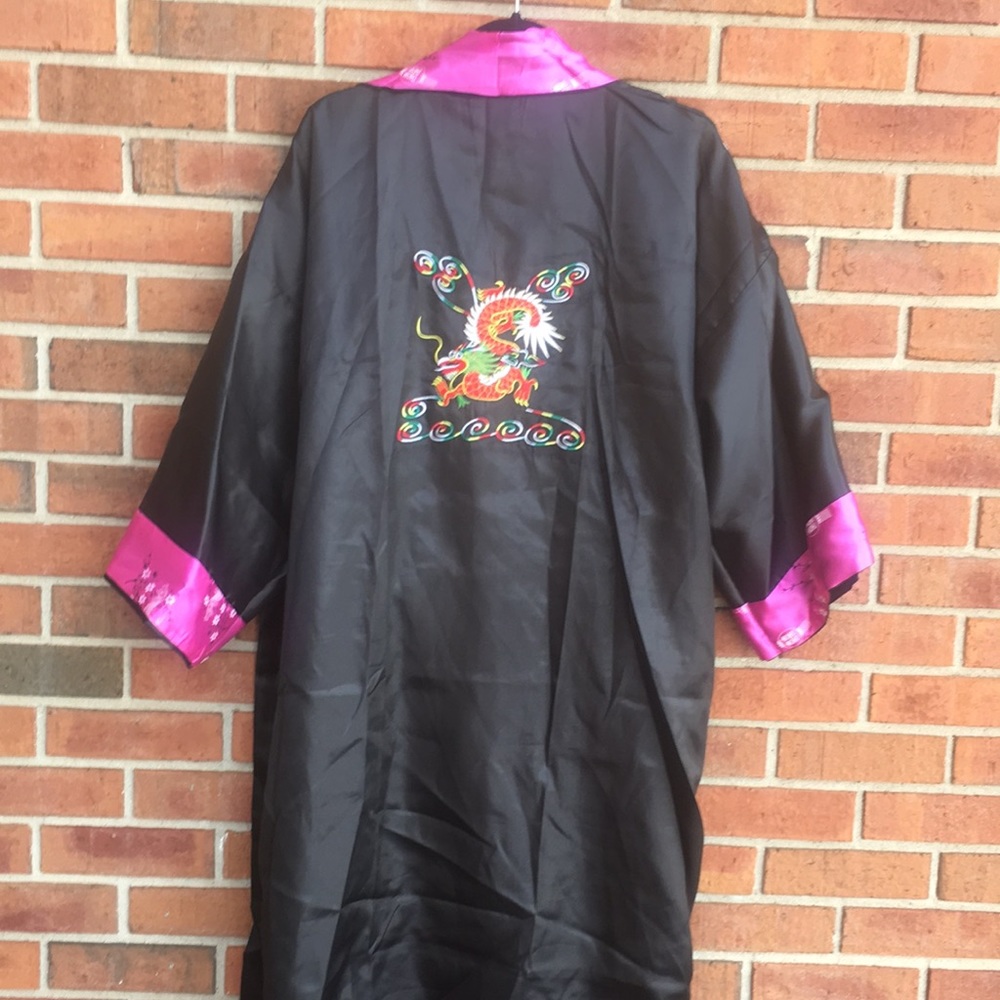 Chinese Dragon Pink/Black Reversible Belted Long Kimono Robe With Pockets XL